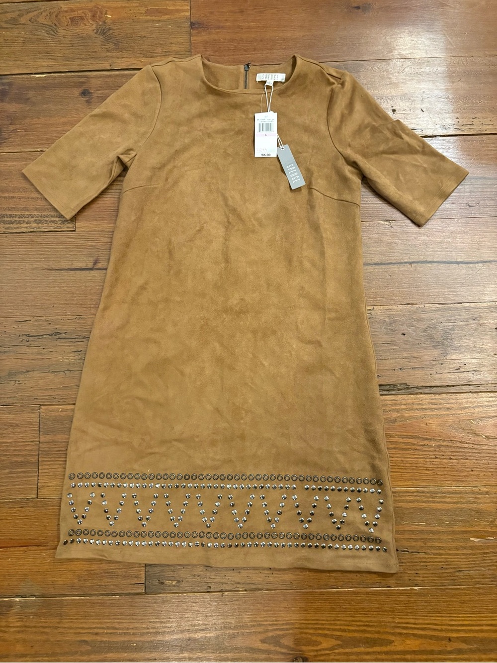 Spense Camel Faux Suede Studded Shift Dress